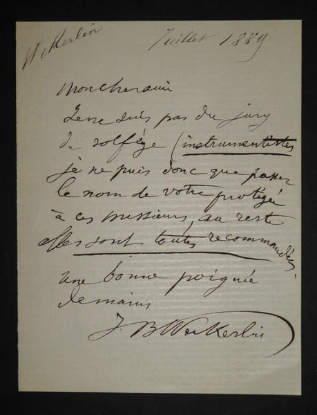 LETTRE AUTOGRAPHE SIGN&Eacute;E, SOLF&Egrave;GE, 1889. Jean-Baptiste Weckerlin