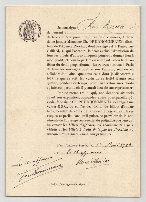 Pouvoir sign&eacute; par Ren&eacute; Mercier – Collection coh&eacute;rente de 50 auteurs & musiciens. Ren&eacute; Mercier