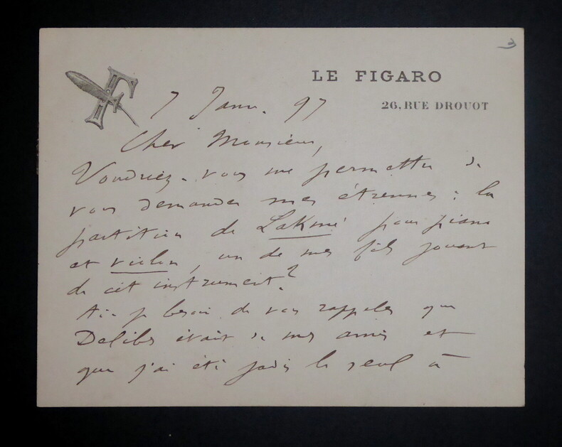 CHINCHOLLE Charles Henri - CARTE AUTOGRAPHE SIGNEE FIGARO 1897 VAN ZANDT LAKME. Charles Henri Chincholle
