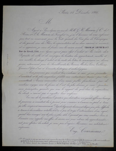 LETTRE IMPRIM&Eacute;E DE LA PART DE COURMEAUX POUR ACCORDS, 1866. Eug&egrave;ne Courmeaux