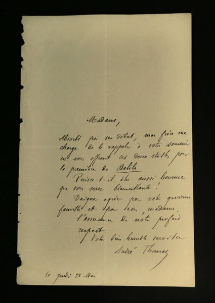 THOMAS Andr&eacute; - LETTRE AUTOGRAPHE SIGN&Eacute;E, PREMI&Egrave;RE OP&Eacute;RA DALILA. Andr&eacute; Thomas