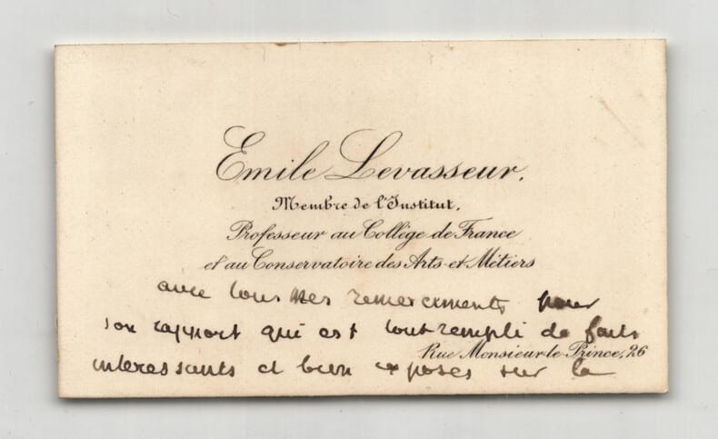 Pierre &Eacute;mile Levasseur - Carte de visite autographe - L'agriculture. Pierre &Eacute;mile Levasseur