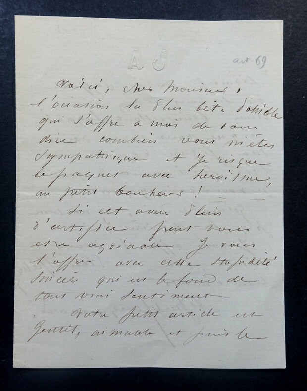JACQUEMART Henri-Alfred - LETTRE AUTOGRAPHE SIGN&Eacute;E, REMERCIEMENTS. Henri-Alfred Jacquemart