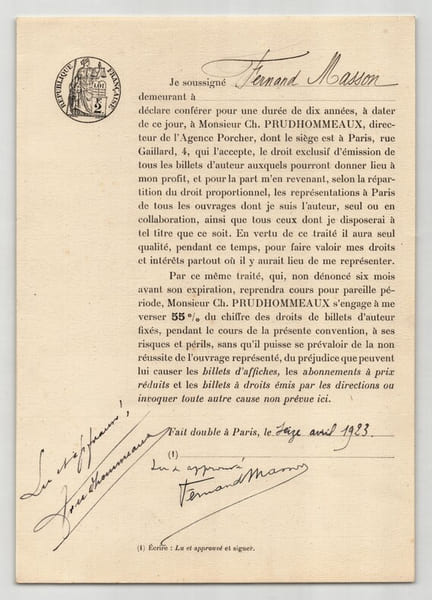 Pouvoir sign&eacute; Fernand Masson – Collection coh&eacute;rente de 50 auteurs & musiciens. Fernand Masson