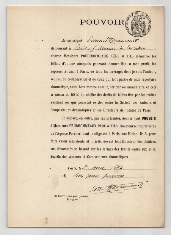 Pouvoir sign&eacute; par Edmond Haraucourt – Collection de 50 auteurs & musiciens. Edmond Haraucourt