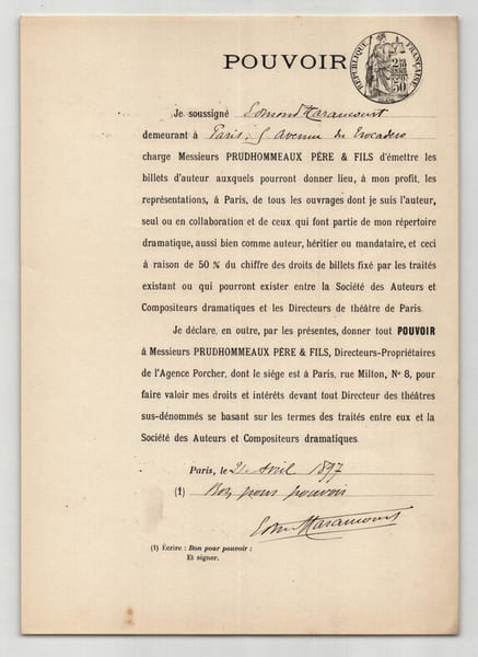 Pouvoir sign&eacute; par Edmond Haraucourt – Collection de 50 auteurs & musiciens. Edmond Haraucourt