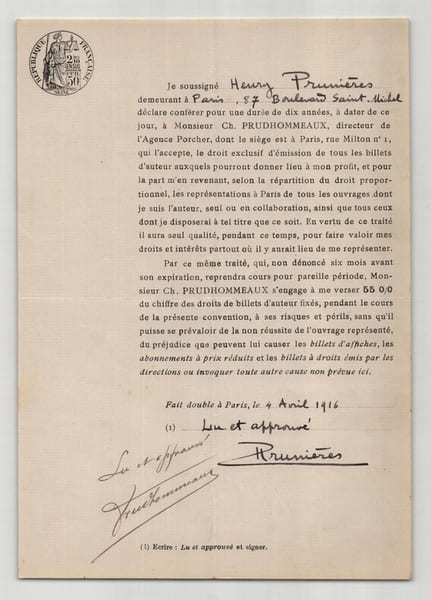 Pouvoir sign&eacute; par Henry Pruni&egrave;res – Collection de 50 auteurs & musiciens. Henry Pruni&egrave;res