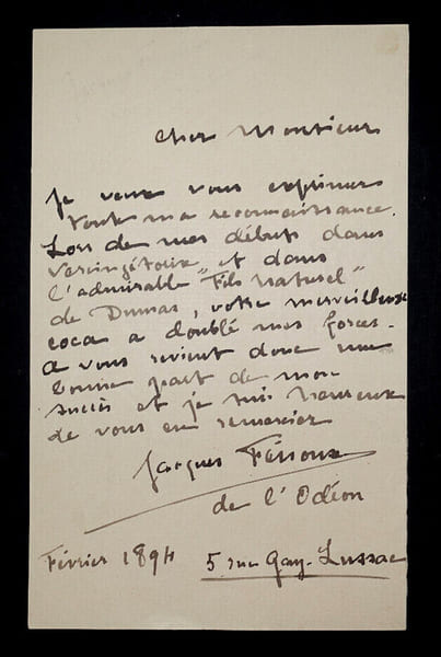 Jacques FENOUX, Acteur fran&ccedil;ais - LETTRE AUTOGRAPHE SIGN&Eacute;E, 1894. Jacques FENOUX