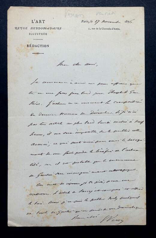 Eug&egrave;ne VERON - LETTRE AUTOGRAPHE SIGN&Eacute;E, L'ART REVUE, 1876. Eug&egrave;ne V&eacute;ron