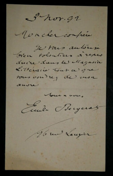 BERGERAT Emile - LETTRE AUTOGRAPHE SIGN&Eacute;E, 1892. Emile Bergerat