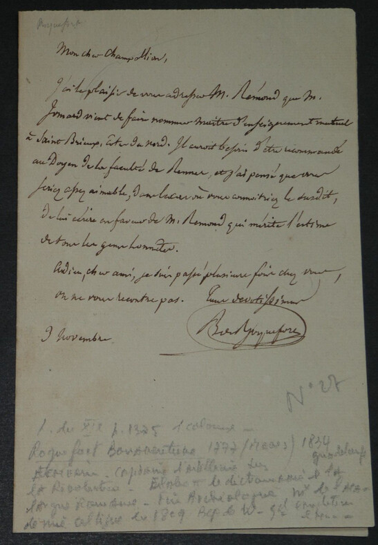 BONAVENTURE DE ROQUEFORT - LETTRE AUTOGRAPHE SIGN&Eacute;E, recommandation &agrave; Rennes. Jean-Baptiste BONAVENTURE DE ROQUEFORT