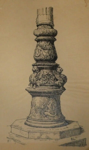 Dessin original sign&eacute; - Base en bronze des m&acirc;ts de la place Saint-Marc &agrave; Venise. Louis Henri Laffill&eacute;e