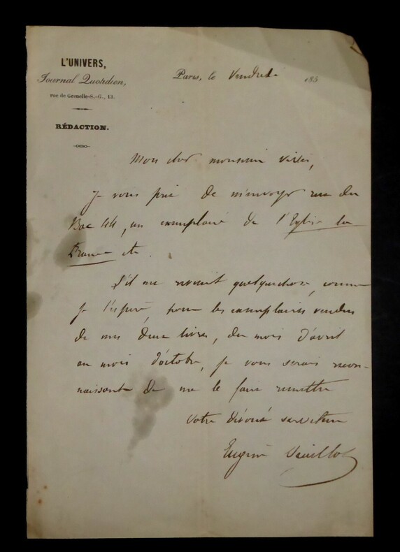 VEUILLOT Eug&egrave;ne - LETTRE AUTOGRAPHE SIGN&Eacute;E, REDACTION L'UNIVERS, PARIS. Eug&egrave;ne Veuillot