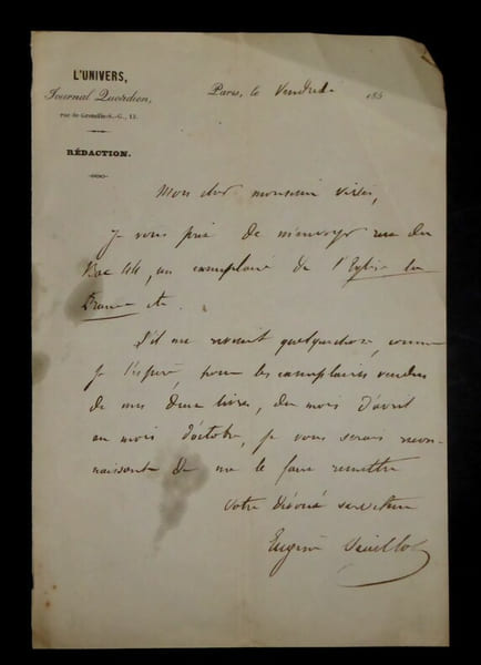 VEUILLOT Eug&egrave;ne - LETTRE AUTOGRAPHE SIGN&Eacute;E, REDACTION L'UNIVERS, PARIS. Eug&egrave;ne Veuillot