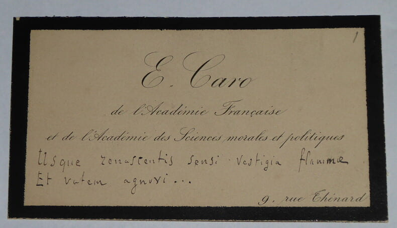 CARO Elme-Marie CARTE DE VISITE SIGN&Eacute;E inscription en latin Acad&eacute;mie Fran&ccedil;aise. Elme-Marie CARO