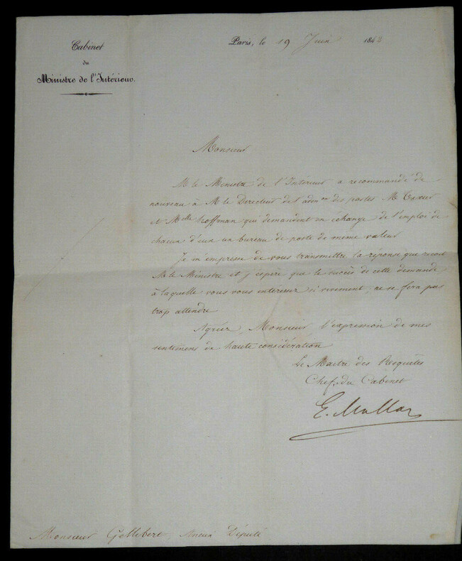 LETTRE AUTOGRAPHE SIGN&Eacute;E &Agrave; GELLIBERT Alexis DU MA&Icirc;TRE DES REQU&Euml;TES, Paris, 1842. Ma&icirc;tre des Requ&ecirc;tes, Cabinet du Ministre de l'Int&eacute;rieur