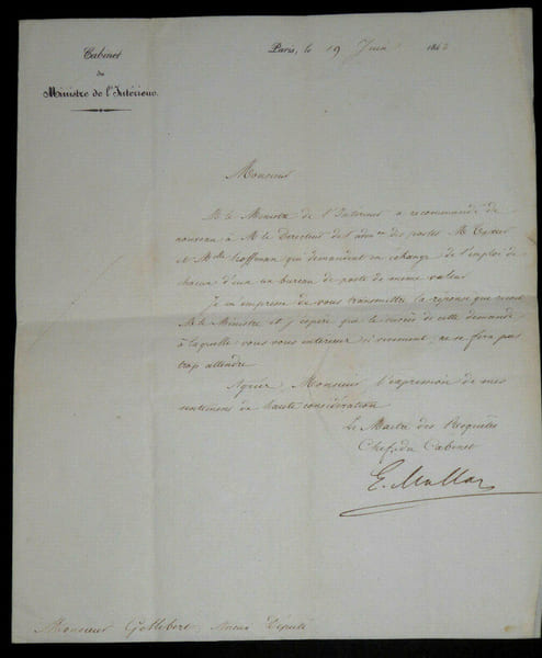 LETTRE AUTOGRAPHE SIGN&Eacute;E &Agrave; GELLIBERT Alexis DU MA&Icirc;TRE DES REQU&Euml;TES, Paris, 1842. Ma&icirc;tre des Requ&ecirc;tes, Cabinet du Ministre de l'Int&eacute;rieur