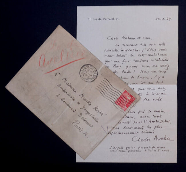 Claude AVELINE - LETTRE AUTOGRAPHE SIGN&Eacute;E &Agrave; MADAME Marko RISTIC, 1949. Claude AVELINE