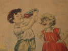 Estampe en couleur encadr&eacute;e, sign&eacute;e dans la planche, Harry, Humour enfant Alcool. Harry