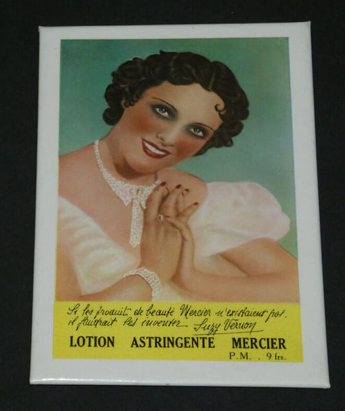 T&ocirc;le &eacute;maill&eacute;e Lotion astringente Mercier Suzy Vernon objet publicitaire 1930. 