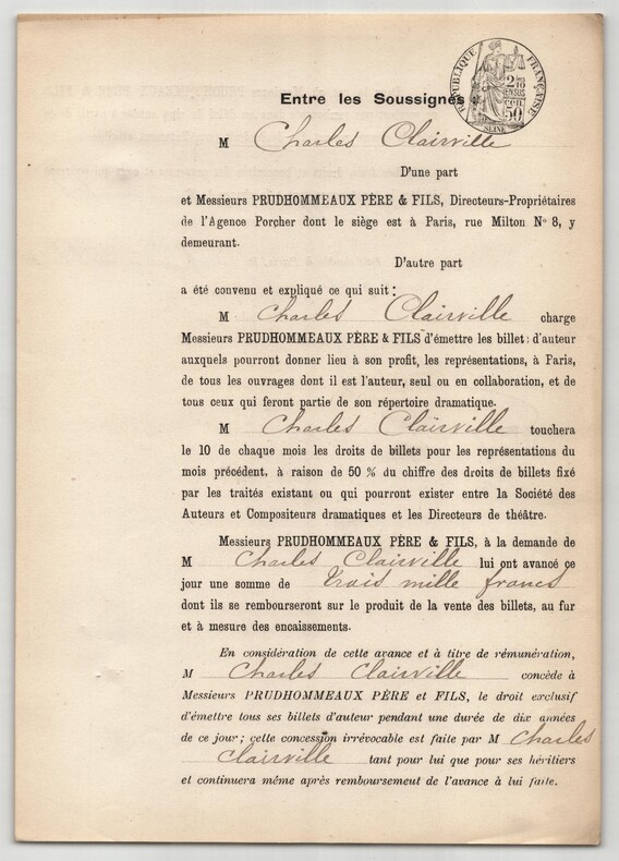Pouvoir sign&eacute; par Charles Clairville – Collection de 50 auteurs & musiciens. Charles Clairville