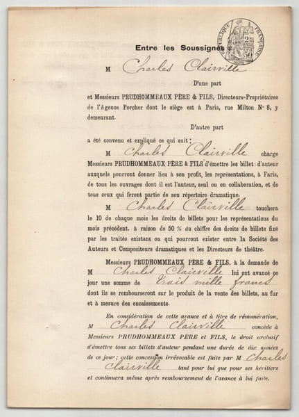 Pouvoir sign&eacute; par Charles Clairville – Collection de 50 auteurs & musiciens. Charles Clairville