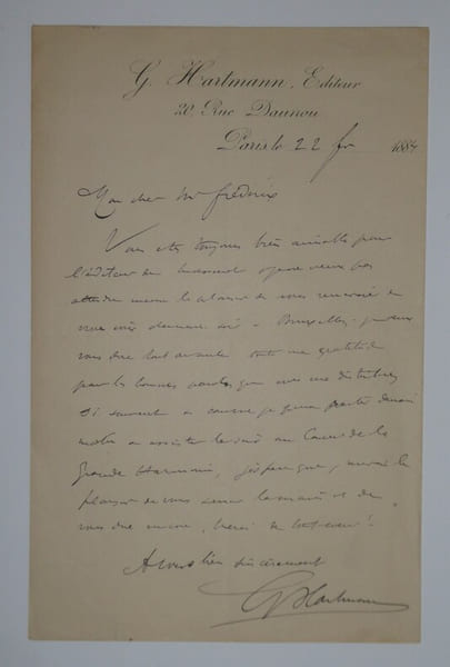 HARTMANN Georges - LETTRE AUTOGRAPHE SIGN&Eacute;E, PARIS 1884. Georges Hartmann