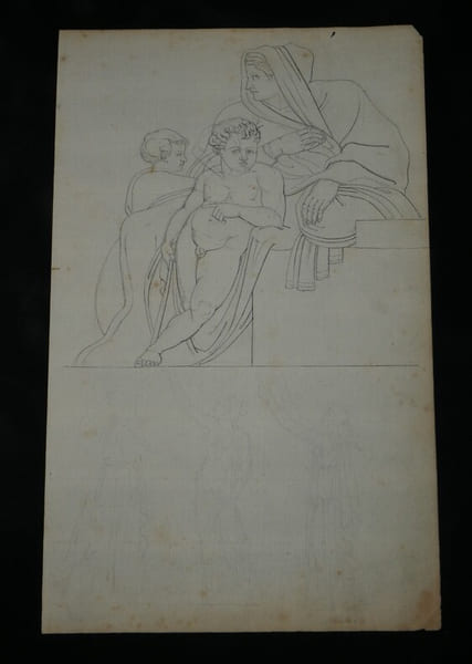Dessin original au crayon - Femme drap&eacute;e avec enfant en contemplation, XIX &egrave;me.. Anonyme