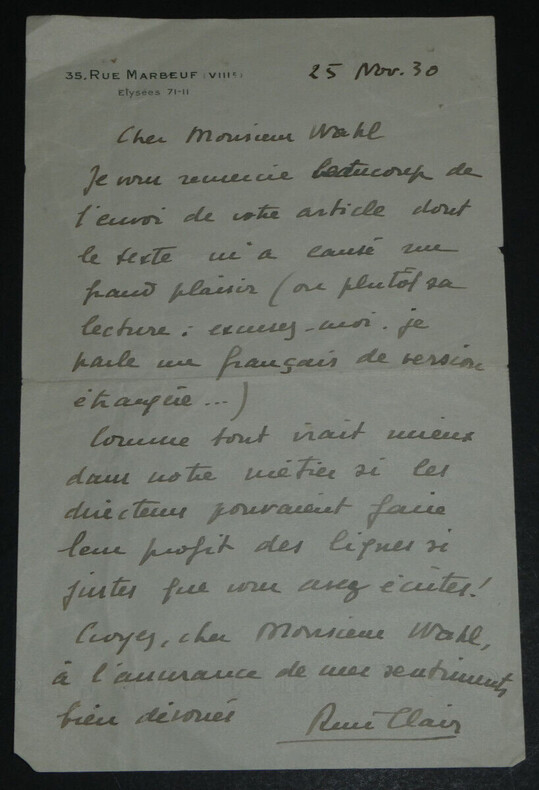 Ren&eacute; CLAIR, R&eacute;alisateur - LETTRE AUTOGRAPHE SIGN&Eacute;E &agrave; Lucien WAHL 1930. Ren&eacute; CLAIR