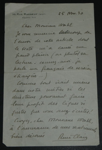 Ren&eacute; CLAIR, R&eacute;alisateur - LETTRE AUTOGRAPHE SIGN&Eacute;E &agrave; Lucien WAHL 1930. Ren&eacute; CLAIR