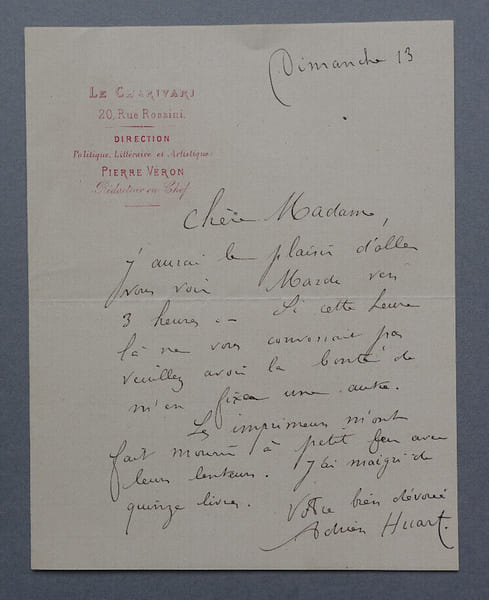 Louis Adrien HUART, Journaliste - LETTRE AUTOGRAPHE SIGN&Eacute;E. Louis Adrien HUART