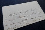Carte de visite simple sign&eacute;e - &Eacute;pouse de Camille Bouchez, magistrat, remerciements &agrave; Monsieur Montorgueil. &Eacute;pouse de Camille Bouchez