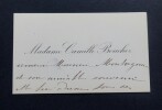 Carte de visite simple sign&eacute;e - &Eacute;pouse de Camille Bouchez, magistrat, remerciements &agrave; Monsieur Montorgueil. &Eacute;pouse de Camille Bouchez
