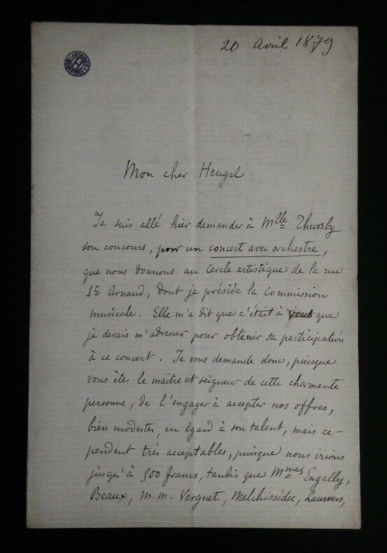 Victorin de JONCI&Egrave;RES - LETTRE AUTOGRAPHE SIGNEE &Agrave; Henri HEUGEL, 1879. Victorin de Jonci&egrave;res