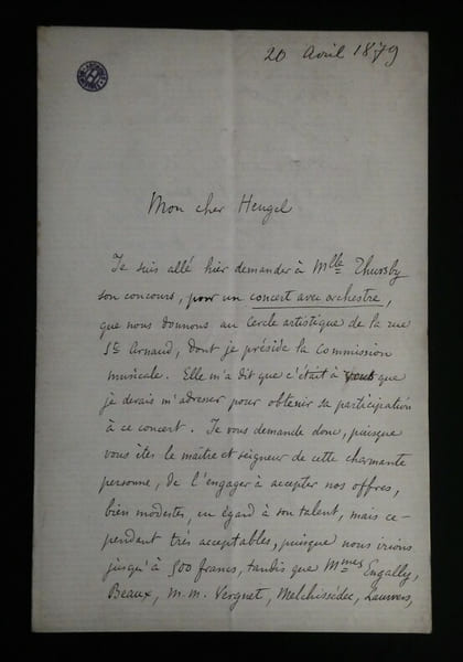 Victorin de JONCI&Egrave;RES - LETTRE AUTOGRAPHE SIGNEE &Agrave; Henri HEUGEL, 1879. Victorin de Jonci&egrave;res