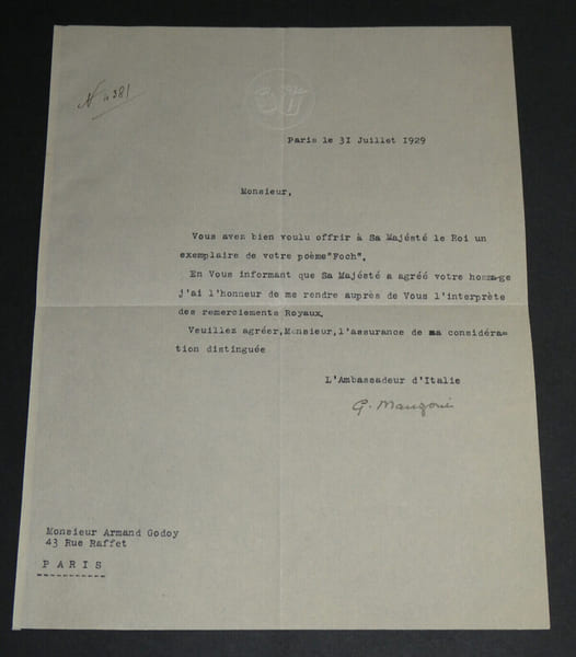 Gaetano Manzoni - Lettre dactylographi&eacute;e sign&eacute;e &agrave; Armand Godoy - Foch - 1929. Gaetano Manzoni