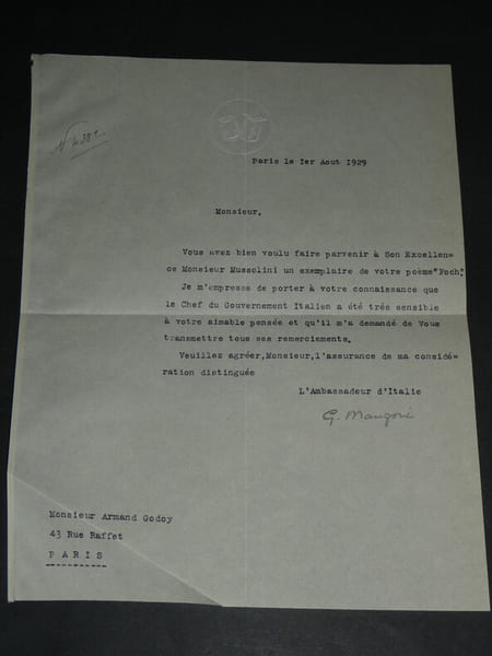 Gaetano Manzoni - Lettre dactylographi&eacute;e sign&eacute;e &agrave; Armand Godoy - Foch - 1929. Gaetano Manzoni