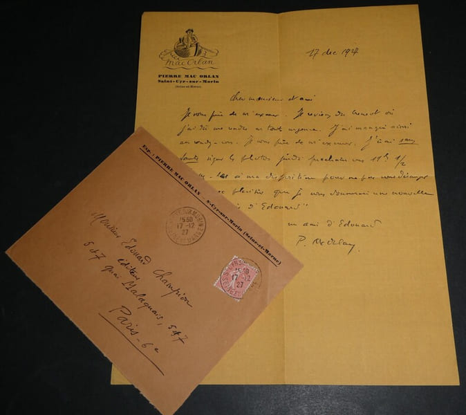 Pierre MAC ORLAN, Ecrivain - LETTRE AUTOGRAPHE SIGN&Eacute;E &Agrave; Edouard CHAMPION, 1927. Pierre MAC ORLAN