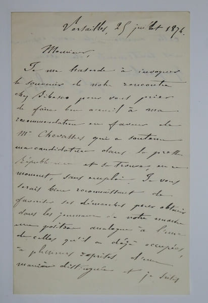 LETELLIER-VALAZE Charles - LETTRE AUTOGRAPHE SIGN&Eacute;E, VERSAILLES, JUILLET 1874. Charles Letellier-Valaz&eacute;