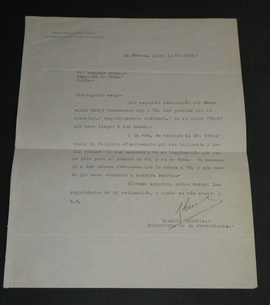 Ricardo Herrera - Lettre dactylographi&eacute;e sign&eacute;e &agrave; Armand Godoy - Foch - 1929. Ricardo Herrera