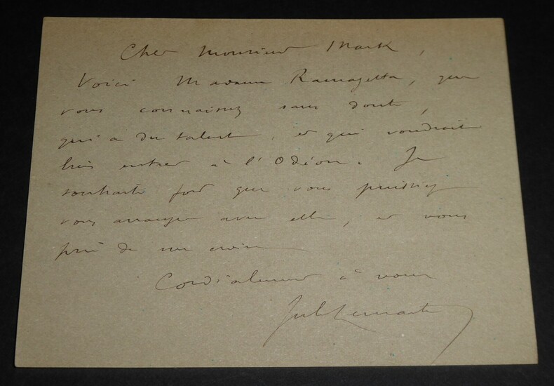 Carte lettre sign&eacute;e &agrave; Mr Mark, directeur de l'Od&eacute;on. Jules Lema&icirc;tre