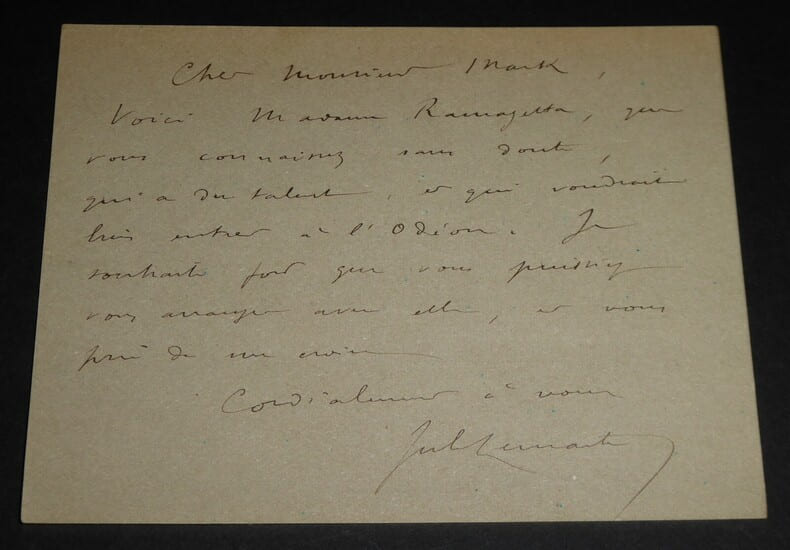Carte lettre sign&eacute;e &agrave; Mr Mark, directeur de l'Od&eacute;on. Jules Lema&icirc;tre