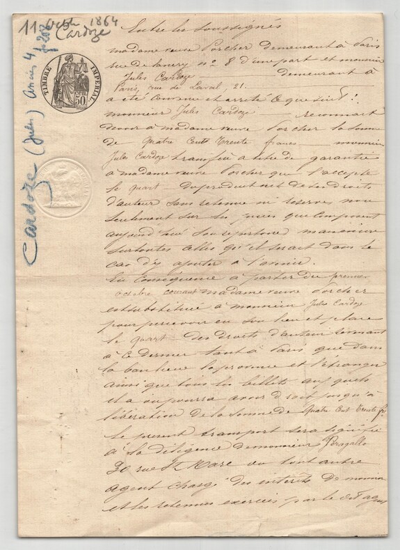 Pouvoir manuscrit sign&eacute; par Jules Cardoze – Collection 24 auteurs & musiciens. Jules Cardoze