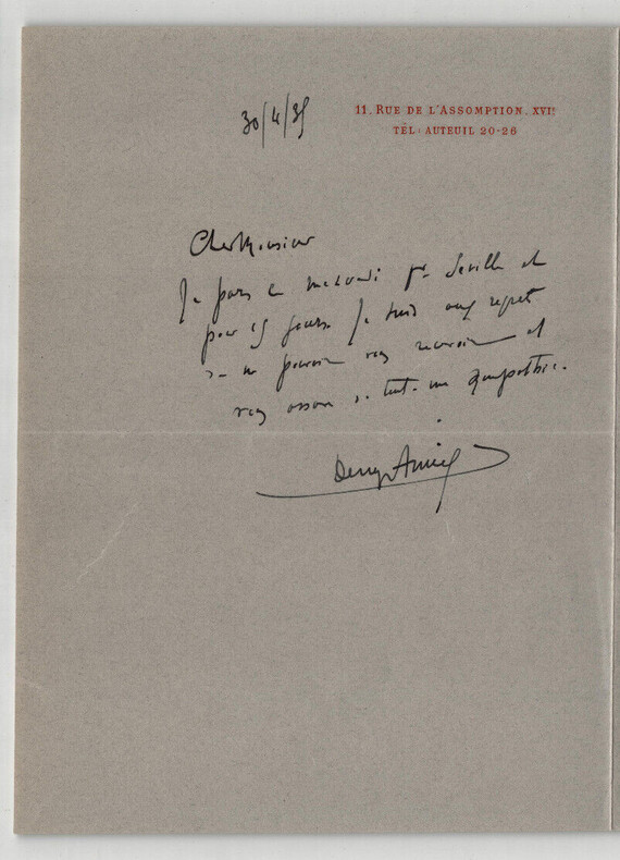 DENYS AMIEL &Eacute;crivain LETTRE AUTOGRAPHE SIGN&Eacute;E &Agrave; Pierre Lhoste, Paris 1931. DENYS AMIEL