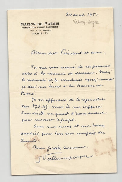 Jean Valmy Baysse - Lettre autographe sign&eacute;e - 1951. Jean Valmy-Baysse