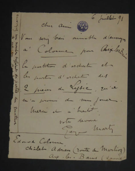 MARTY Georges - LETTRE AUTOGRAPHE SIGN&Eacute;E 1891 concenrne l'op&eacute;ra LYSISTRATA. Georges Marty