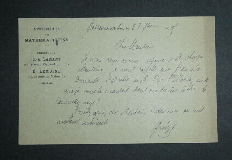 Auguste Gr&eacute;vy , math&eacute;maticien - CARTE POSTALE AUTOGRAPHE SIGN&Eacute;E, 1905. Auguste GR&Eacute;VY