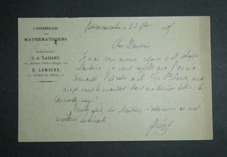 Auguste Gr&eacute;vy , math&eacute;maticien - CARTE POSTALE AUTOGRAPHE SIGN&Eacute;E, 1905. Auguste GR&Eacute;VY