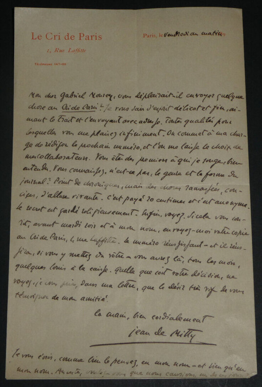 Jean de MITTY - LETTRE AUTOGRAPHE SIGN&Eacute;E A Gabriel MOUREY, Le cri de Paris. Jean de MITTY