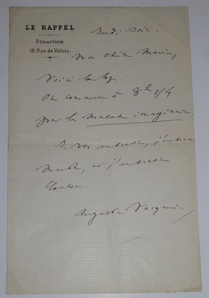 LETTRE AUTOGRAPHE SIGN&Eacute;E, LE RAPPEL, R&Eacute;DACTION. Auguste Vacquerie